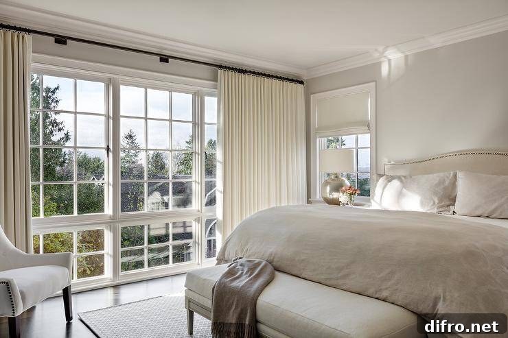 Cozy bedroom with cream curtains and a light tan camelback headboard.