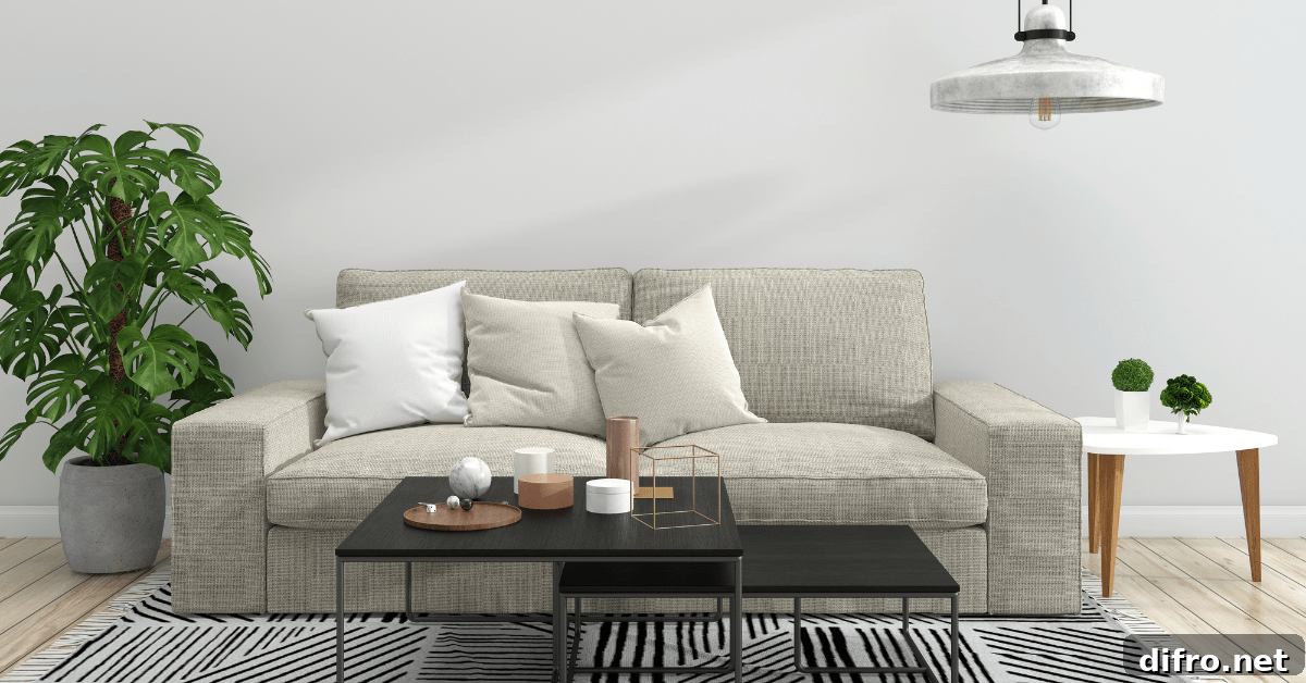 A living room with sofa against a wall.