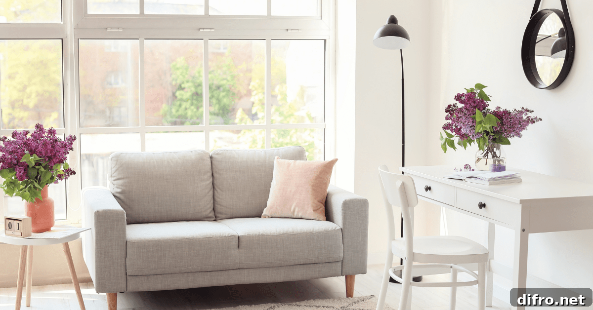 A chic room with grey couch and flowers used as decor.