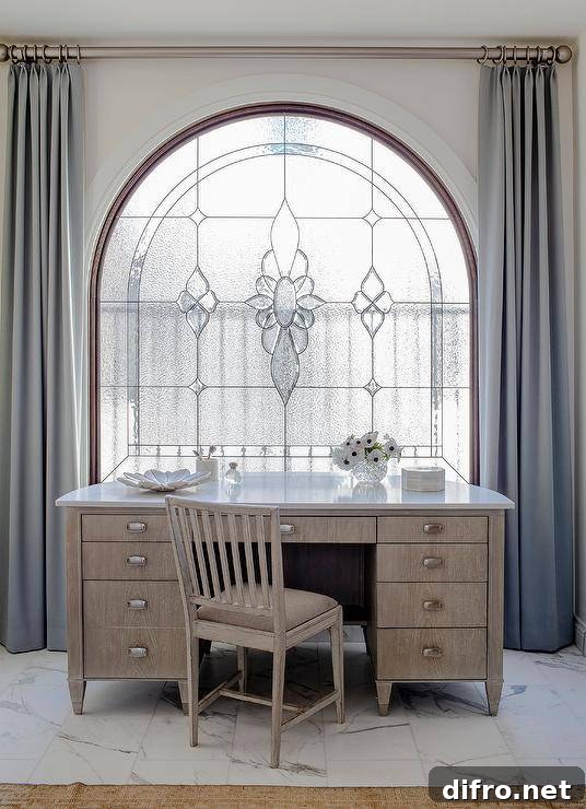 Gray curtains hang on either side of an arched stained glass window located behind a hand scraped oak desk placed on marble floor tiles and matched with an oak desk chair.
