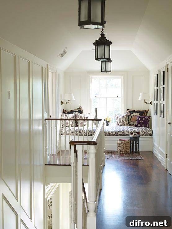 Staircase landing features a reading nook with built in window seat bench accented with a block print black and white cushion lit by white shaded sconces and a gray Moroccan accent table atop a vintage rug.