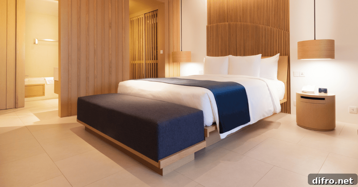 A modern bed with wood headboard.