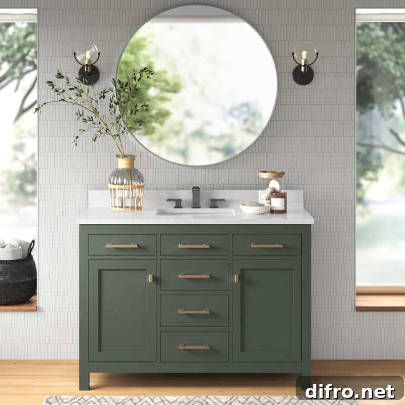 bathroom vanity green with round mirror
