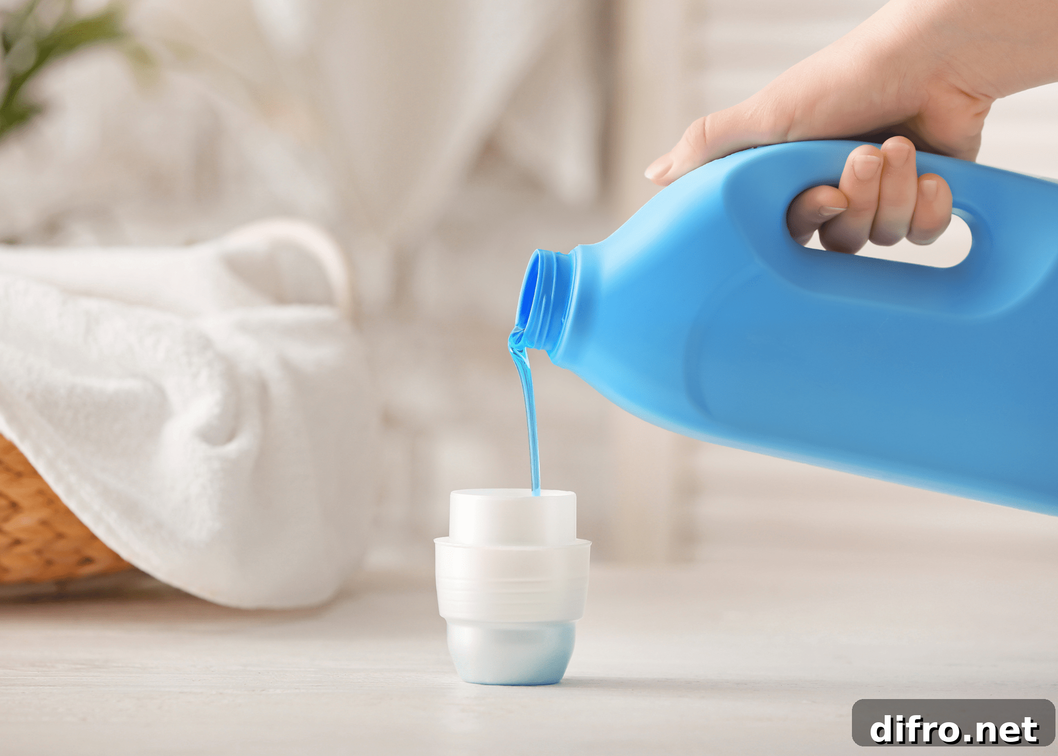 laundry detergent being poured into white cap