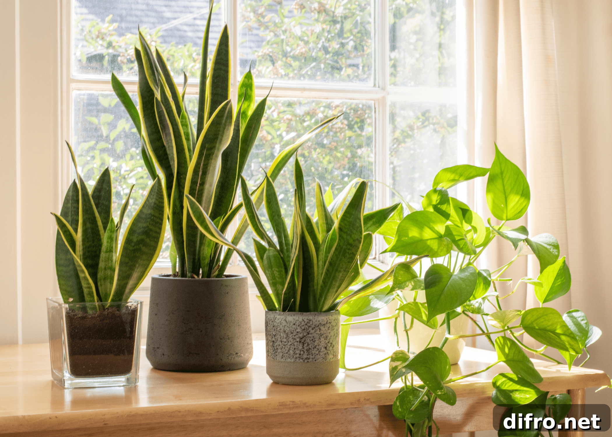 snake plants in pots on window sil
