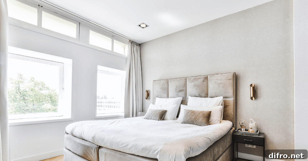 A bedroom with light grey walls and white ceilings with lightpods.