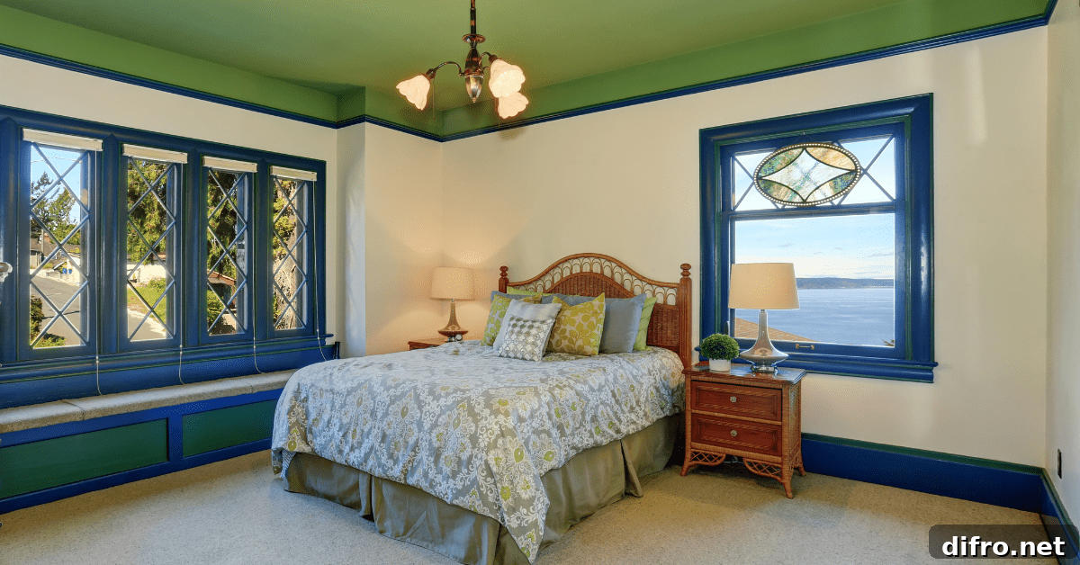 A white painted wall with green ceiling.