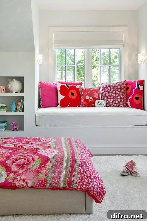 Tween girl's bedroom features a a white built in window seat topped with a white seat cushion accented with pink and red floral pillows placed in front of a dormer window. Beside the bench, recessed bookshelves face a gray linen bed placed on a white sheepskin rug and dressed in a red roses blanket.