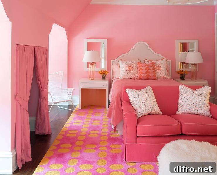 Adorable contemporary pink girl's bedroom with yellow accents features a white arched headboard positioned against a pink wall behind a bed dressed in pink pedding topped with pink splatter pillows flanked by white open nightstands placed under white Parson's mirrors and lit by glass table lamps. Two window nooks flank a pink curtain covered nook as a pink loveseat sits on a pink and yellow rug in front of the bed facing a white faux fur ottoman.