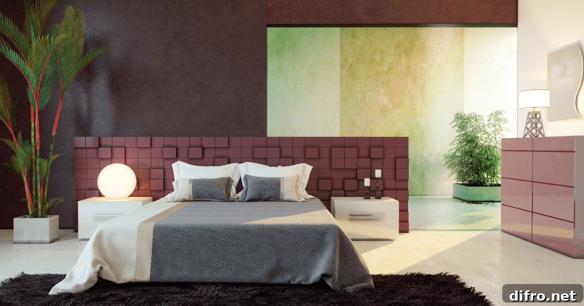 A bedroom with burgundy headboard for the bed.