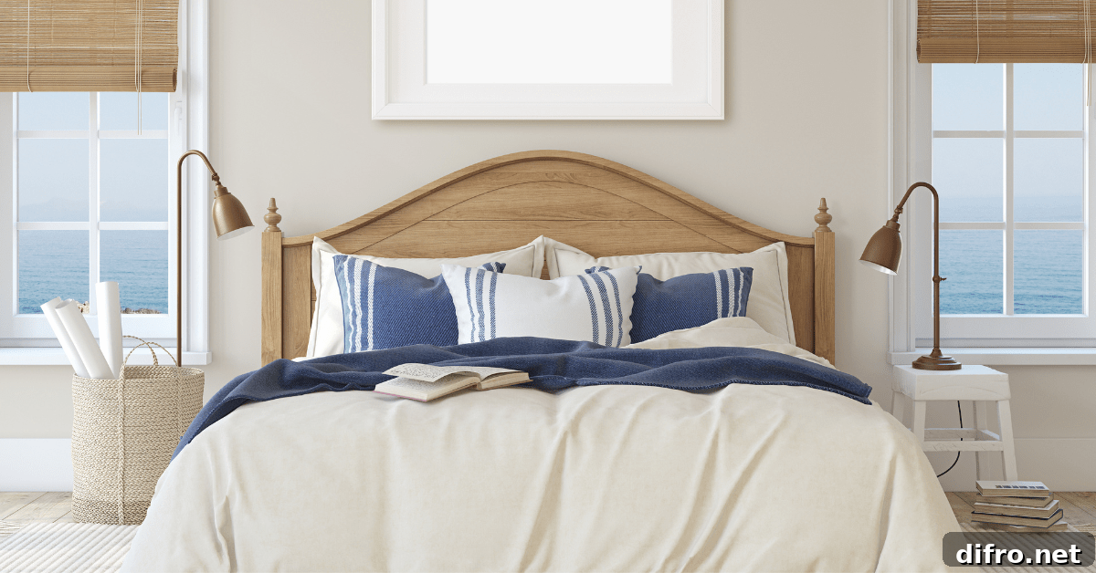 A bedroom with blue throw pillows on bed and wooden accents.