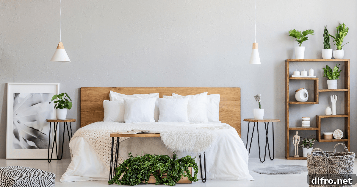 A white bedroom with wooden accents.