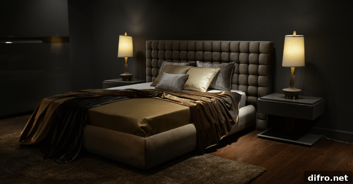 A bedroom with neutral yet dark color.