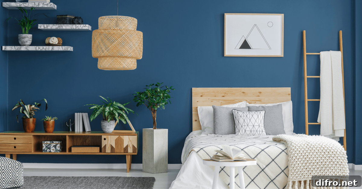 A bedroom with blue wall and white bedding.