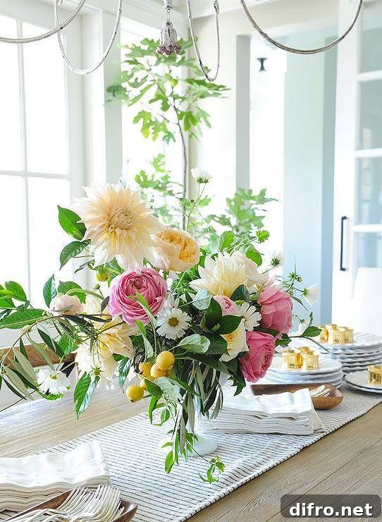 Rustic oak plank top dining table styled with a striped runner and lovely florals in a transitional dining room design.