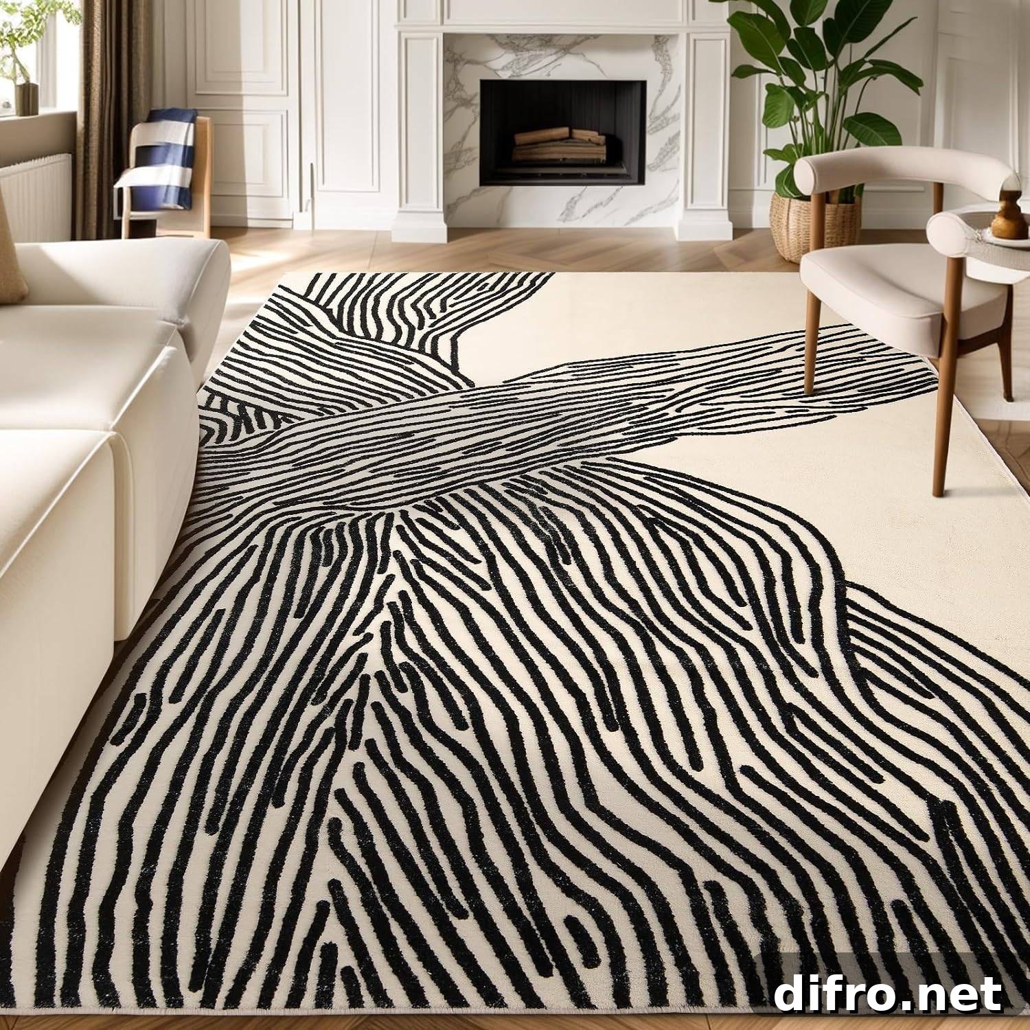 An area rug in a living room with white and white pattern.