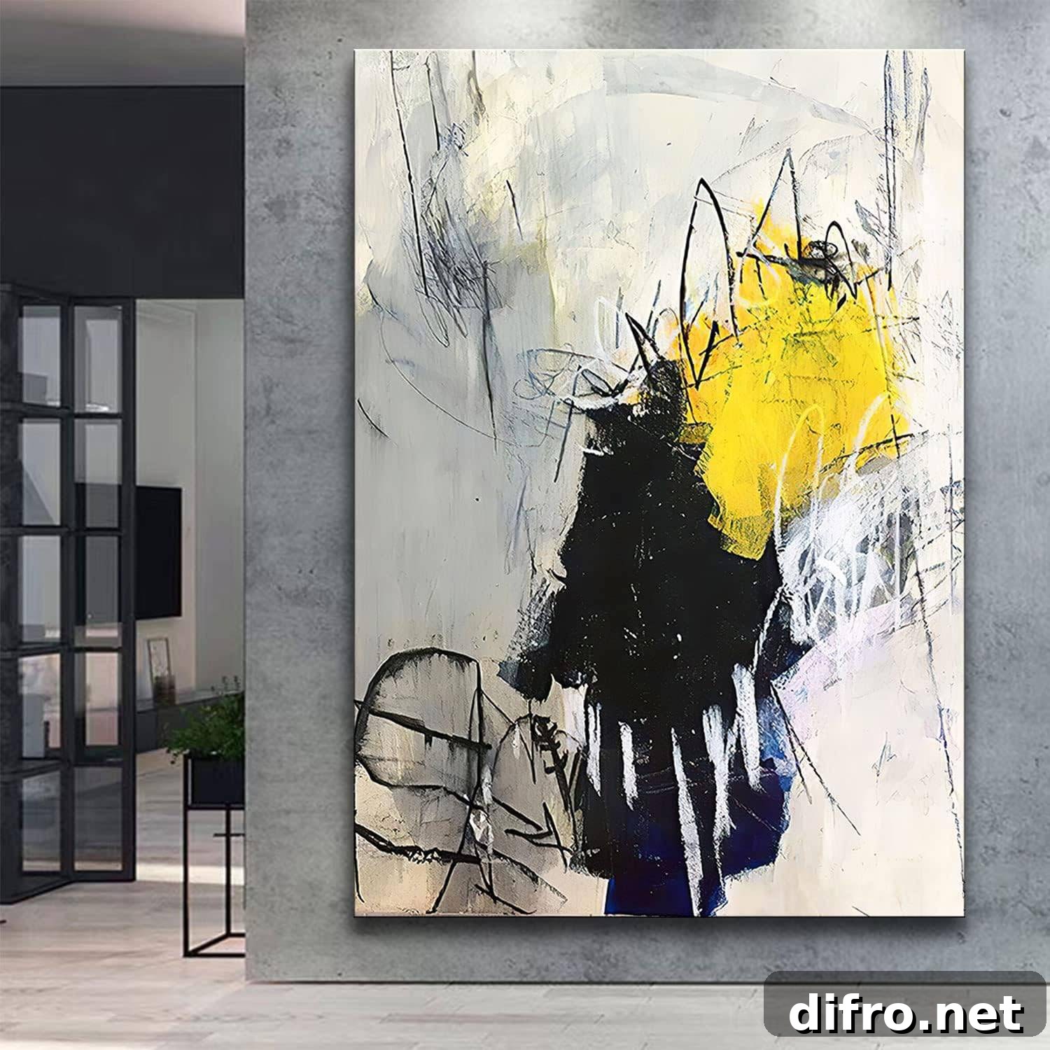 Modern art displayed on a large wall.
