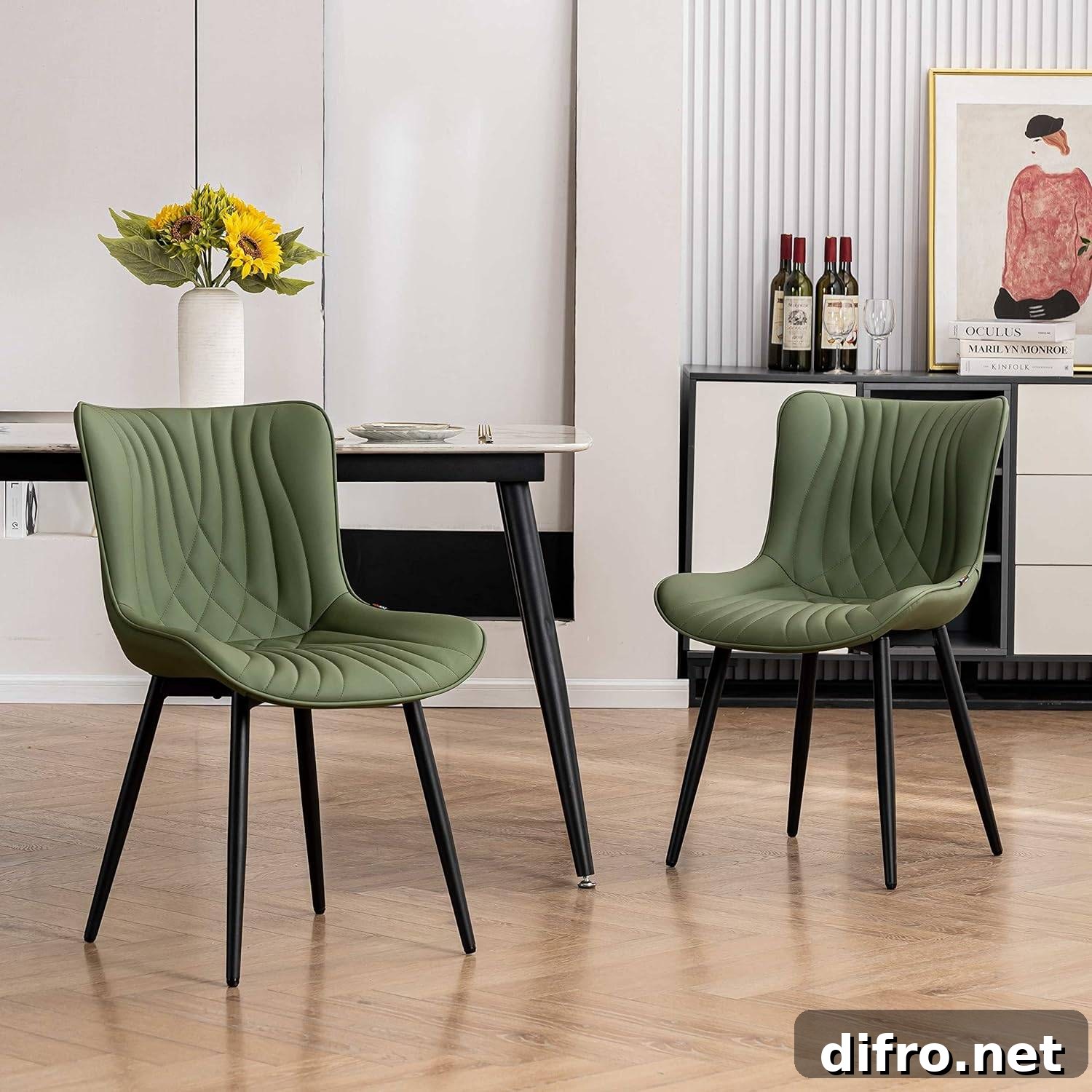 Green modern chairs in a living room with black legs.