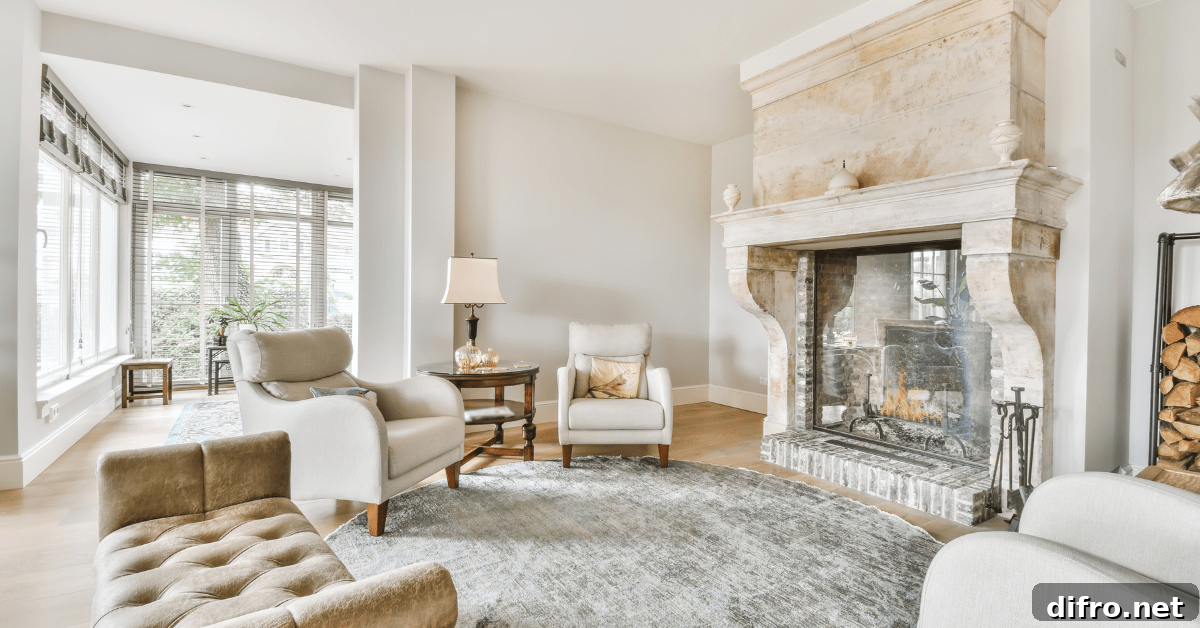 A living room with neutral color decor and luxurious fire place.