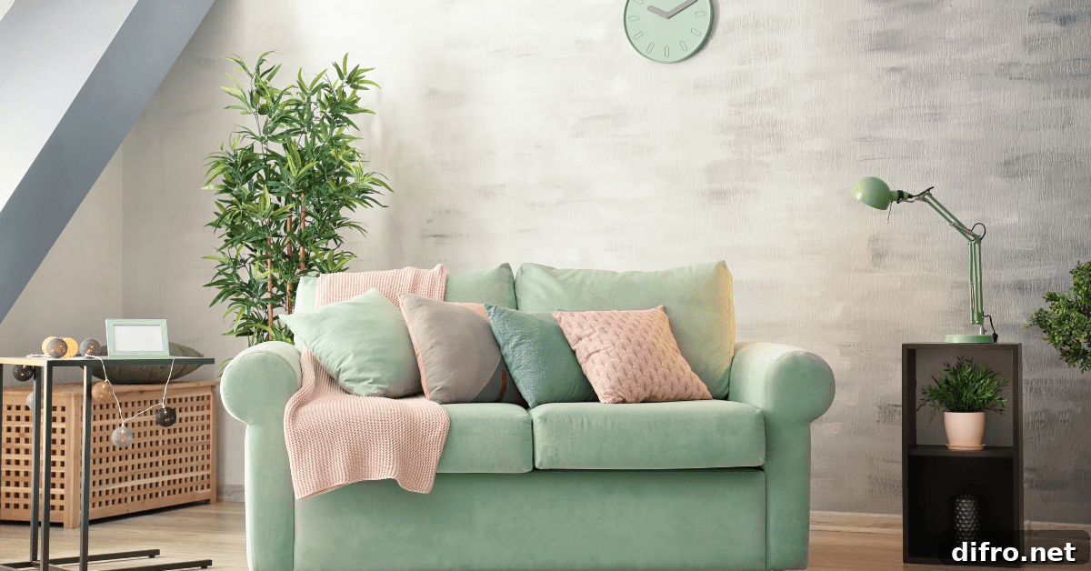 Soft mint couch with pink throw pillows.