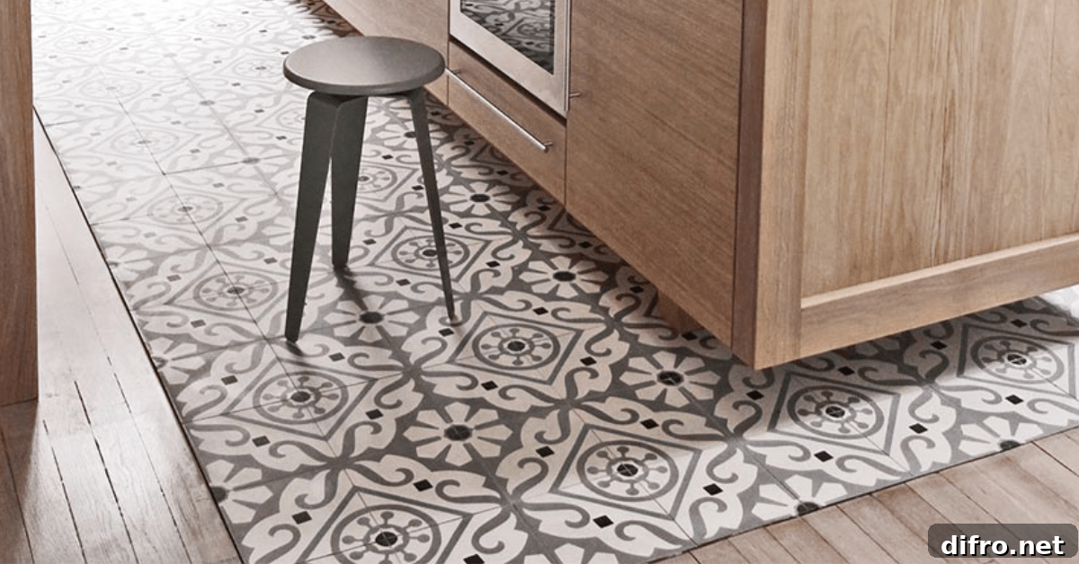 A kitchen tile to wood transition.