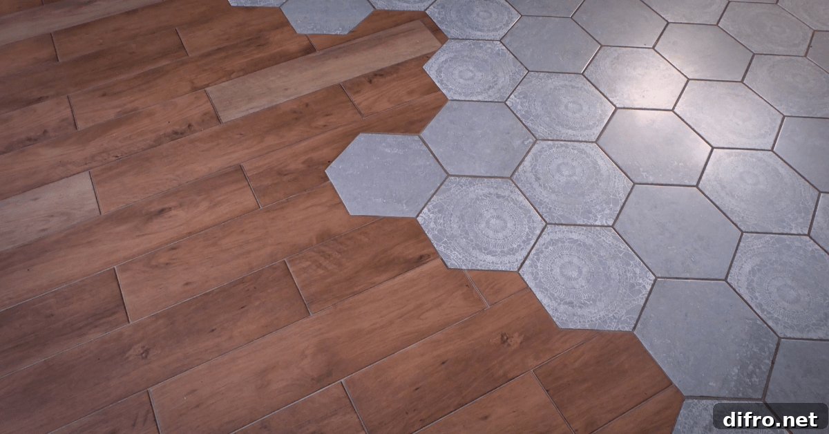 Chevron or herringbone pattern used at a floor threshold.