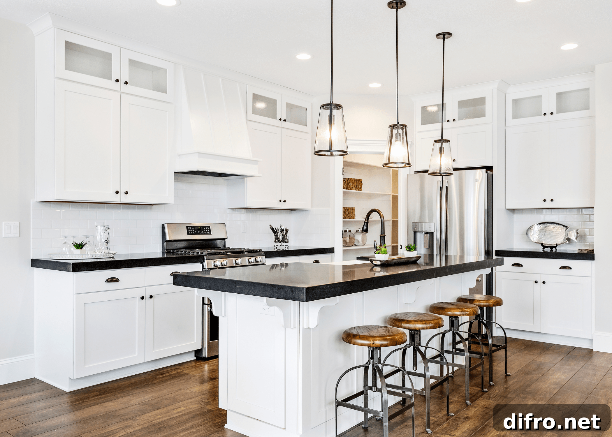 Laminate Countertops: The Kitchen Trend Making a Comeback 5 black and white kitchen with hanging pendants center island and wood bar stools