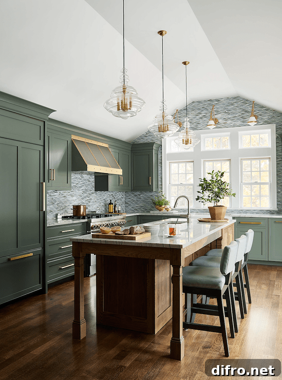Green kitchen with a brown oak island topped with gray striped marble lit by glass and brass pendants features green leather stools, green cabinets with brass pulls and dark wooden floors.