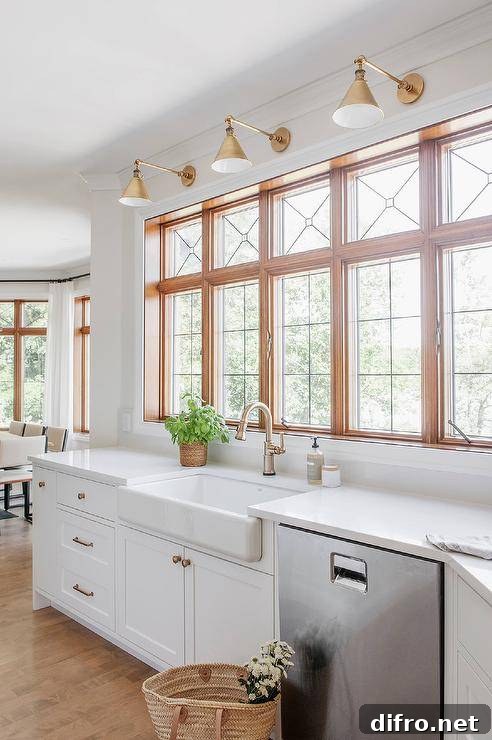 Brass hardware complements white kitchen cabinets holding a farmhouse sink beneath a brass gooseneck faucet mounted under leaded glass windows.