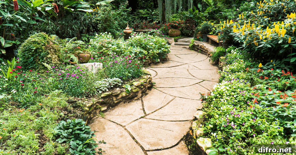 A bright stepping stone walkway with cover plans on the edges.