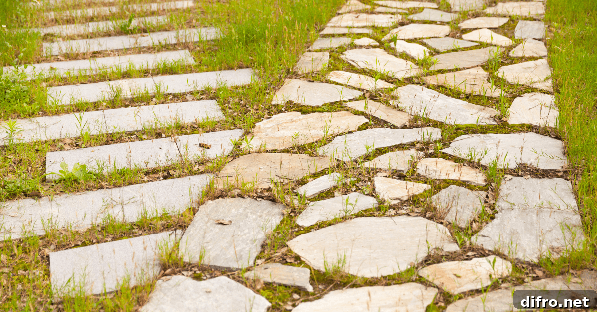 A stone walkway with grass growing between stones.