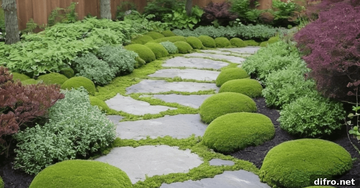 A stone walkway with moss and green plants.