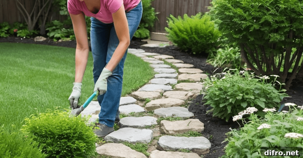 Woman maintaining stone walkway.