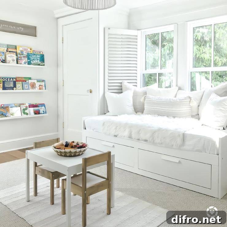 White day bed with drawers and bedding creates a restful and sophisticated appeal at a window fitted with white shutters. Layered rugs in gray and white cover wood floors in this kids play room furnished with a white play table and wooden chairs.