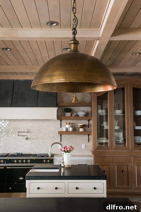 Cottage kitchen featuring rustic wood ceiling and shelving that complements the cabinetry and countertops.
