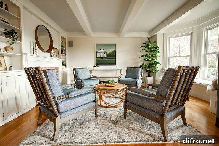 Parlor with balanced wood floors and mixed furniture tones complemented by textiles and accessories.