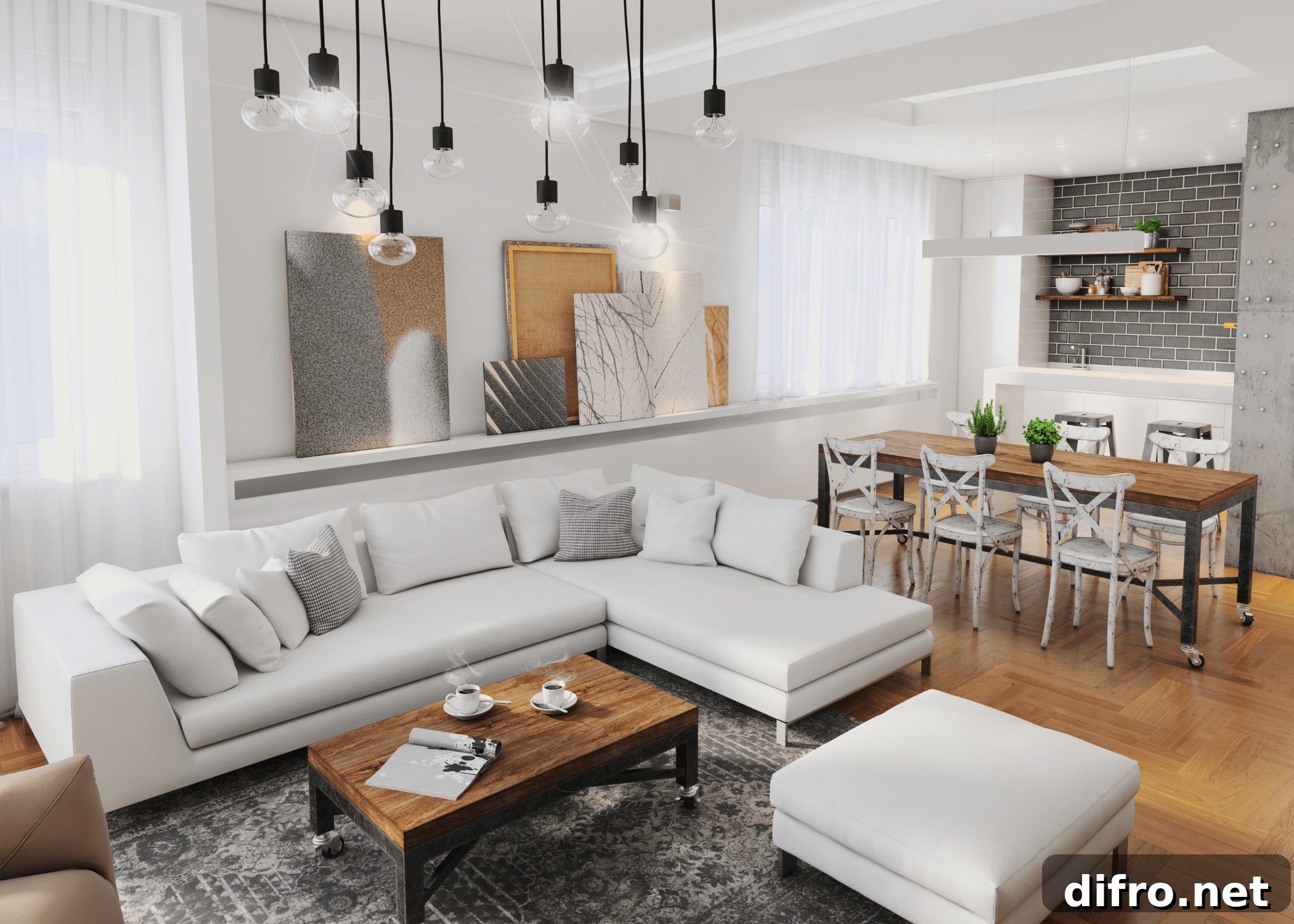 Wide shot of an apartment with clean modern decor.