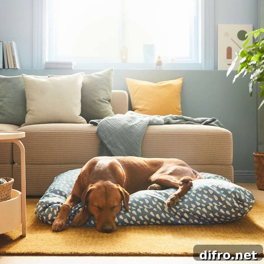 dog laying on large pet bed in living room