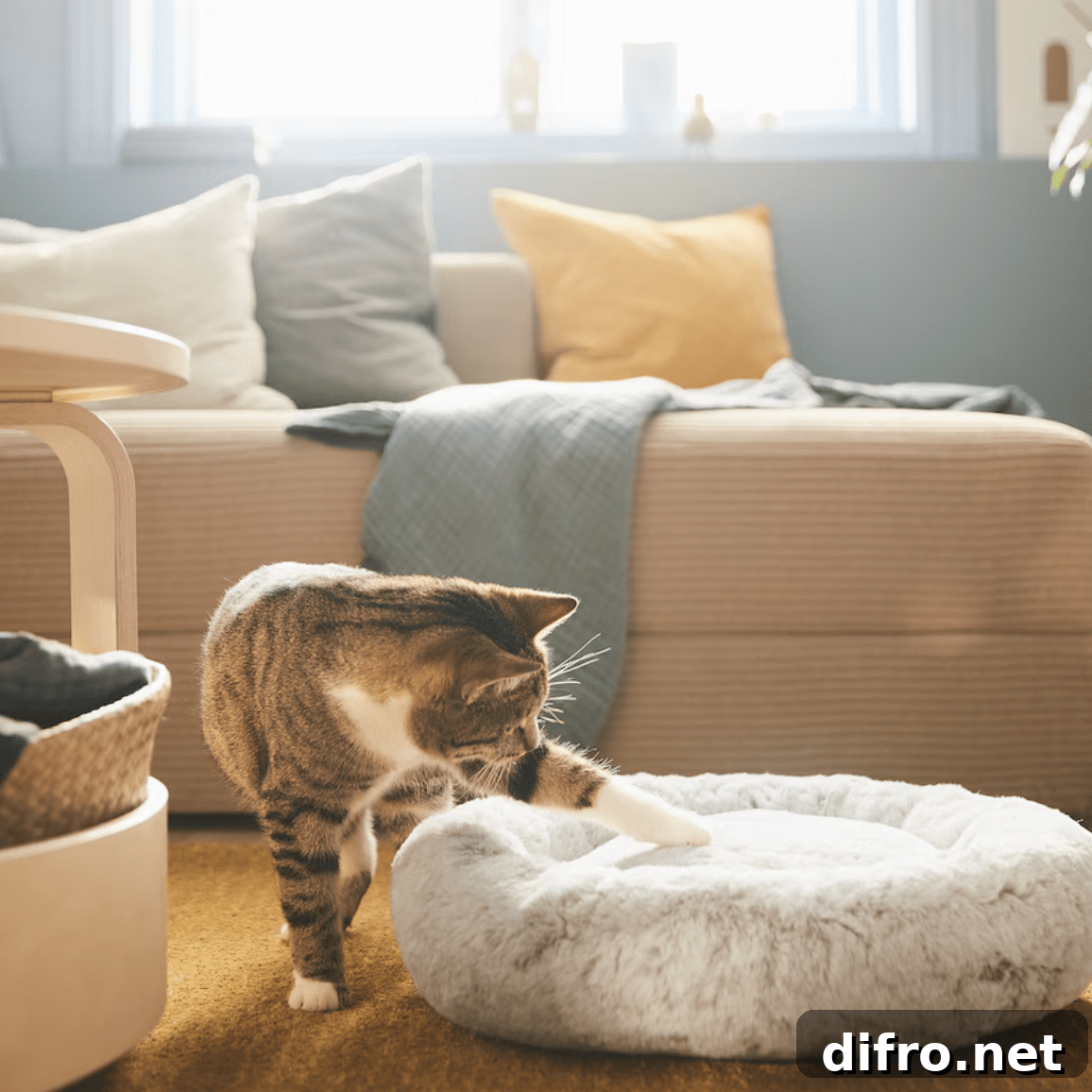 cat paw on a cat bed in living room