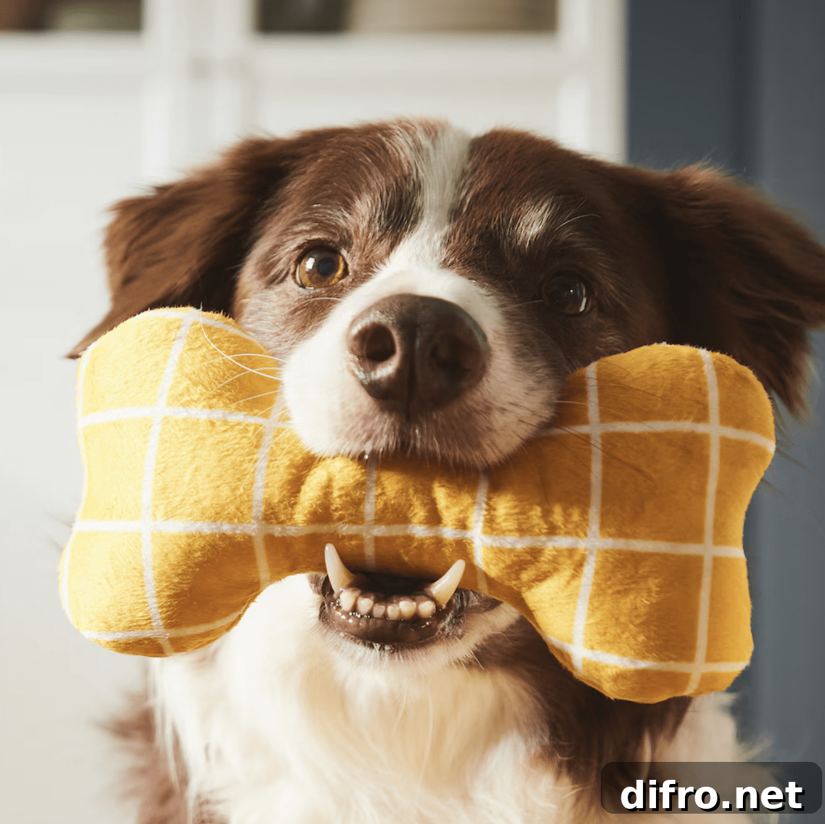 dog holding a yellow plush bone in its mouth