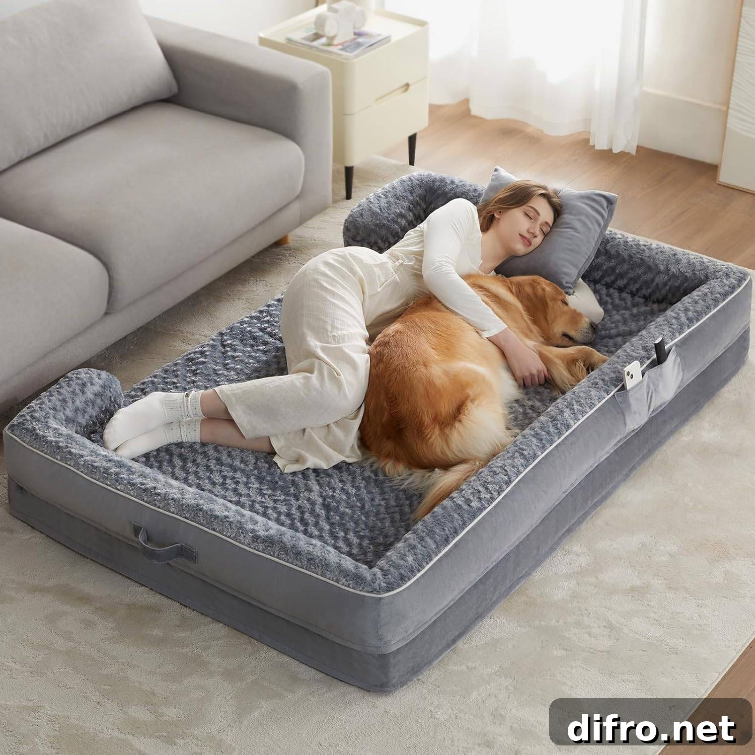 human dog bed with woman and golden retriever sleeping in it