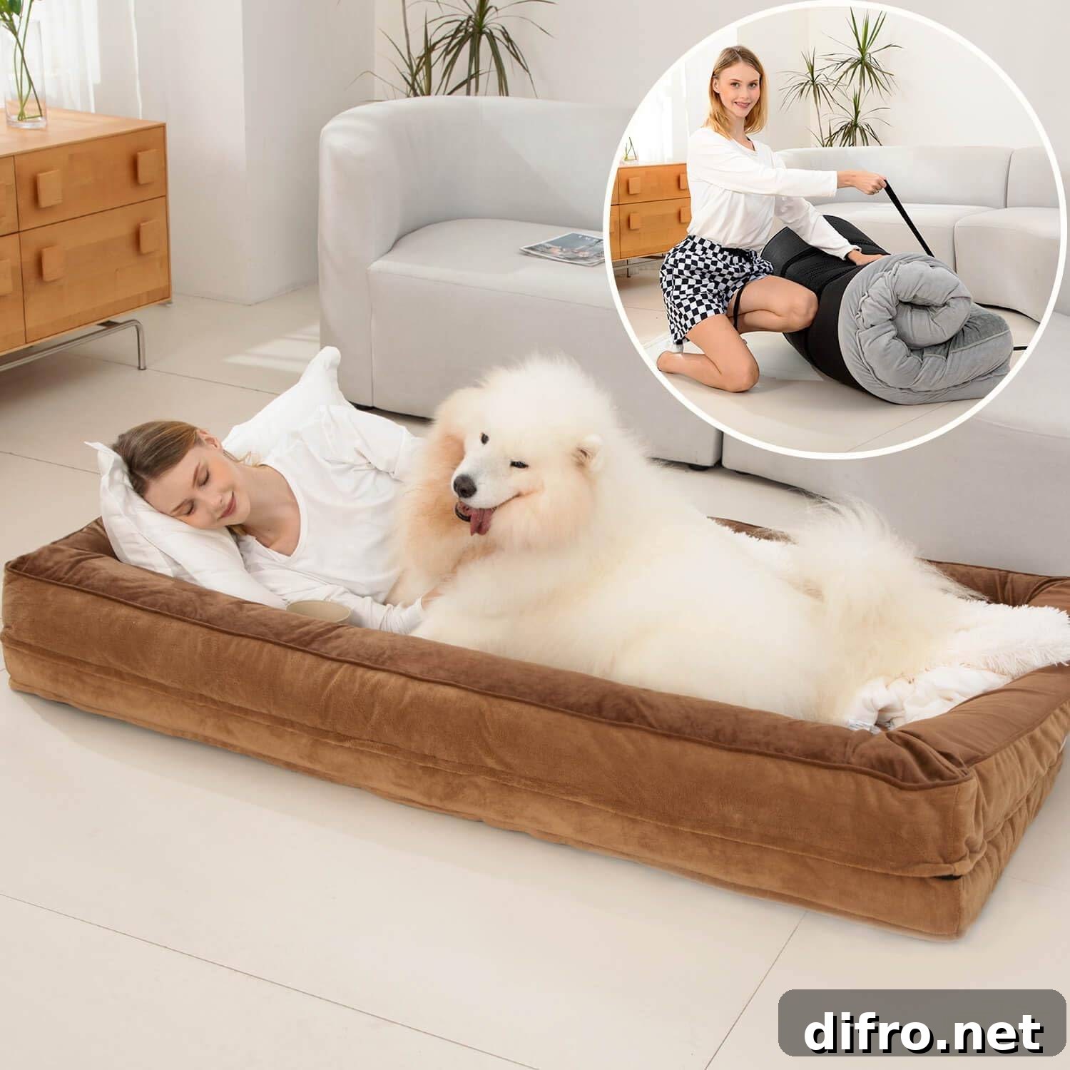 human dog bed with woman and big white fluffy dog