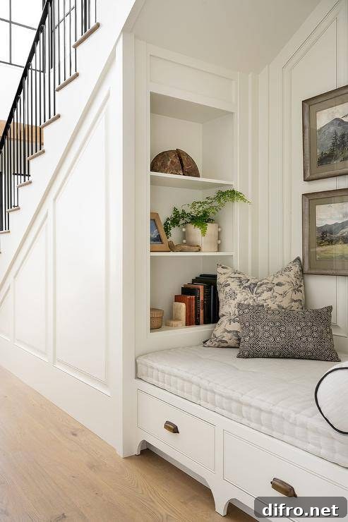 Cozy reading nook with built in shelves over a bench with a gray cushion and drawers with vintage brass pulls sits under a staircase.