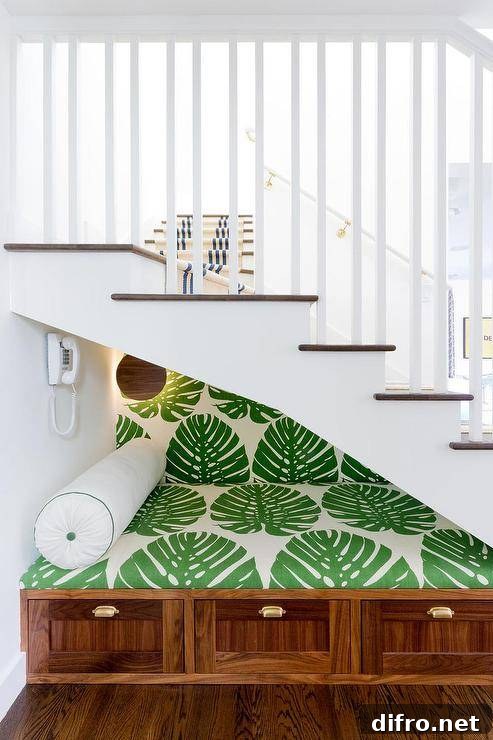 Built-in reading nook bench under a white staircase boasting a lovely and vibrant white and green palm leaf print cushion.