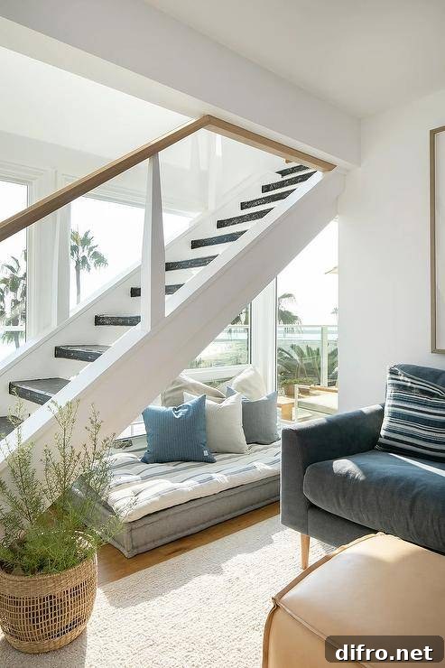 A small reading nook is located beneath a staircase and is accented with a rectangular gray floor cushion topped with a thin blue striped cushion and white and blue pillows.