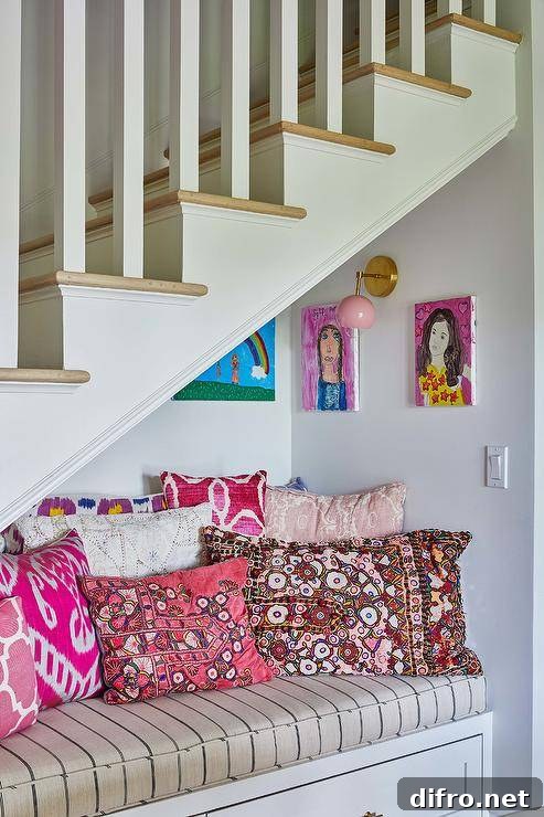 Beneath a staircase, a cozy reading nook boasts a white built-in bench accented with a French burlap cushion and layered pink pillows positioned beneath hung children's art lit by a pink sconce.