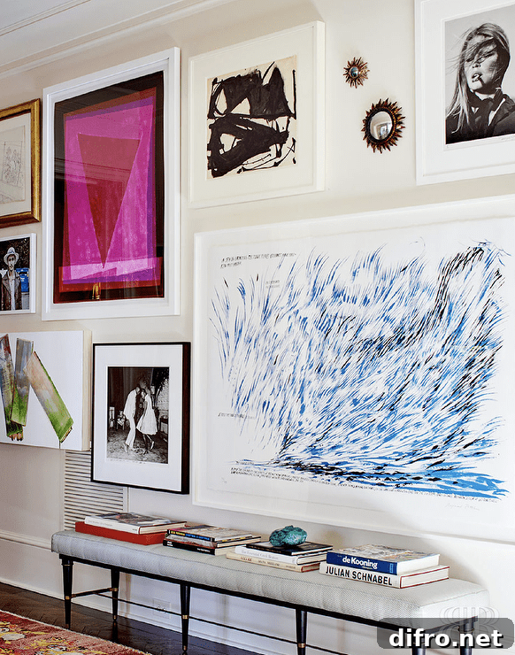 A gray and black bench sits under an art wall