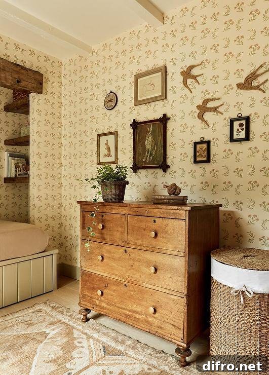 Girl's room features a vintage dresser with vintage rug