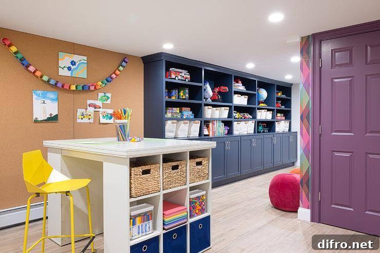 Craft space with high table and cork board