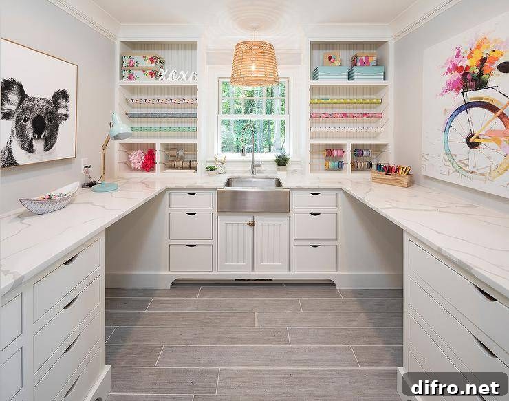 Well organized craft room with wrapping supplies and sink